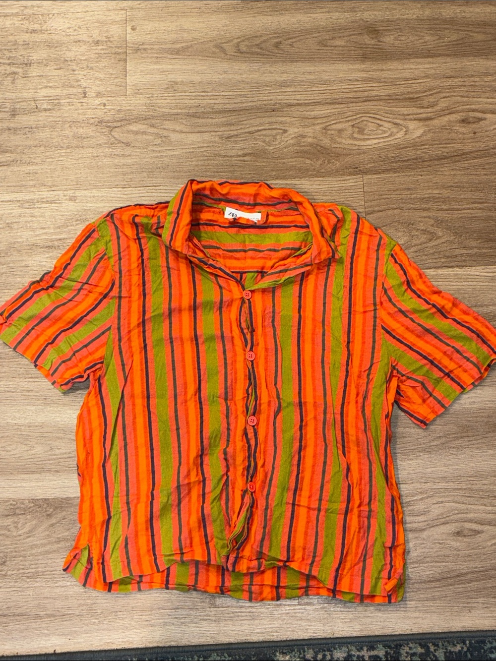 Zara XL Multicolor Striped Short Sleeve Button Up Shirt Orange Green
